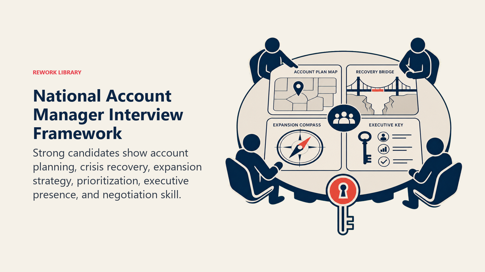 National Account Manager Interview Framework shown as enterprise negotiation table with account plan map, recovery bridge, expansion compass, and executive key