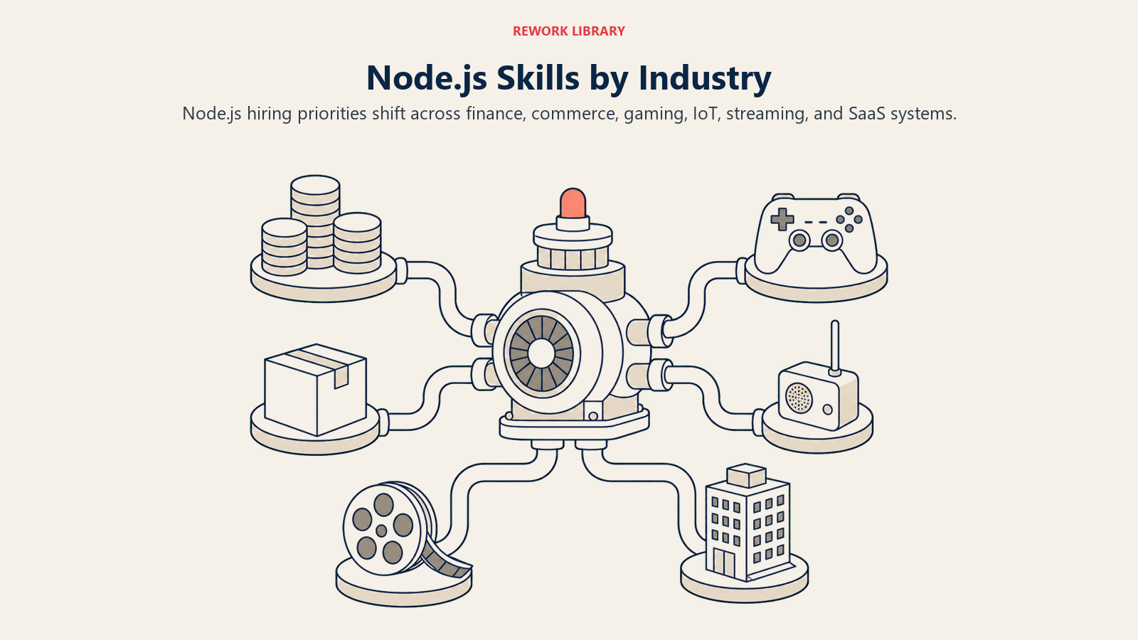 Node.js skills by industry across finance, e-commerce, gaming, IoT, streaming, and SaaS