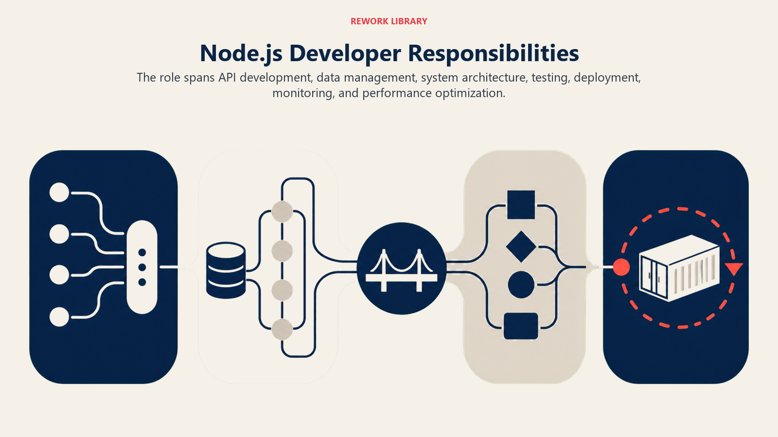 Node.js Developer responsibilities across APIs, databases, system architecture, and deployment