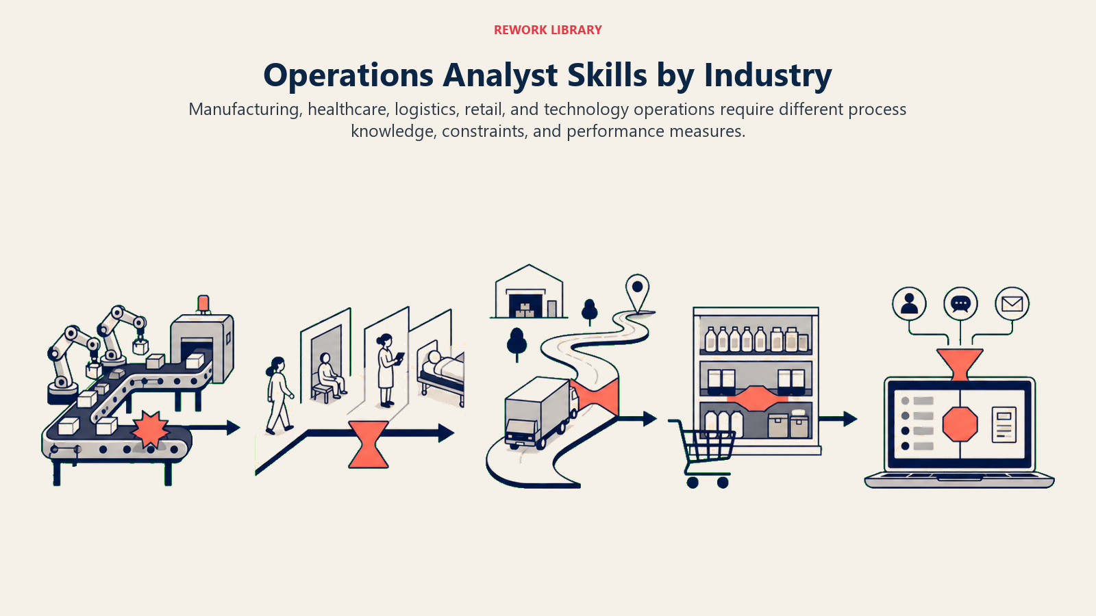 Operations Analyst Skills by Industry illustrated with five operating environments