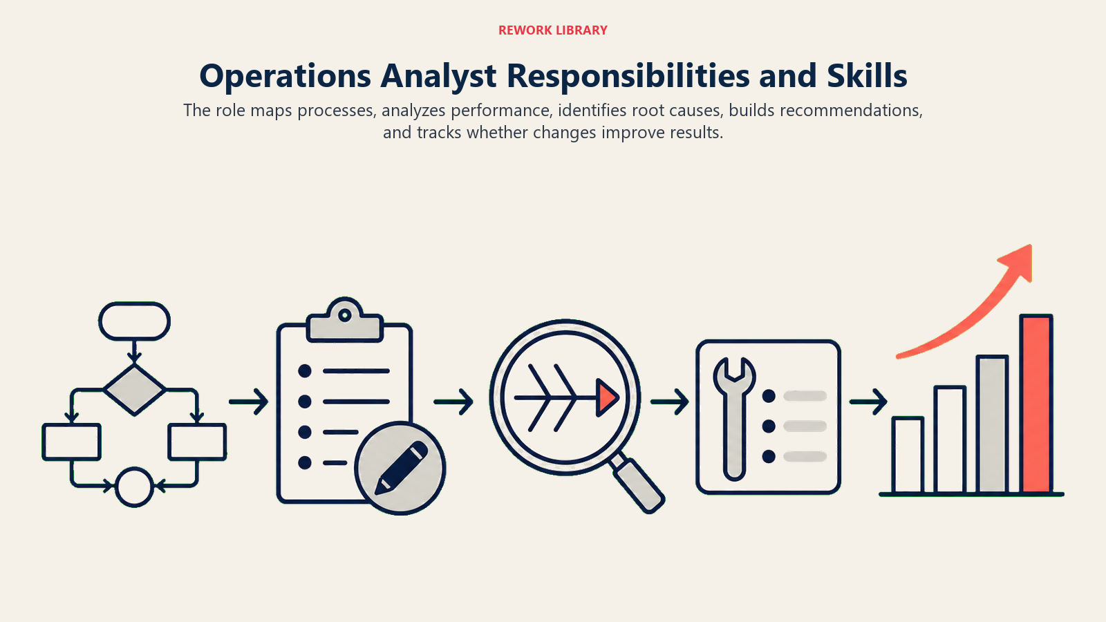 Operations Analyst Responsibilities and Skills illustrated with operations improvement cycle