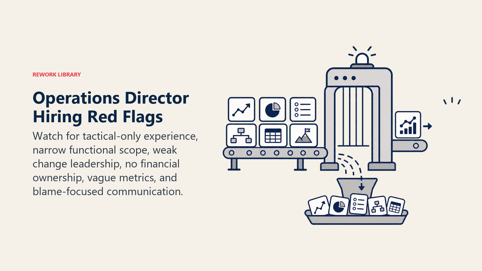 Operations Director Hiring Red Flags: A strong inspection gate examines an operations leader portfolio represented by six artifacts; five weak artifacts are diverted while one evidence-backed portfolio passes toward a coral approval seal