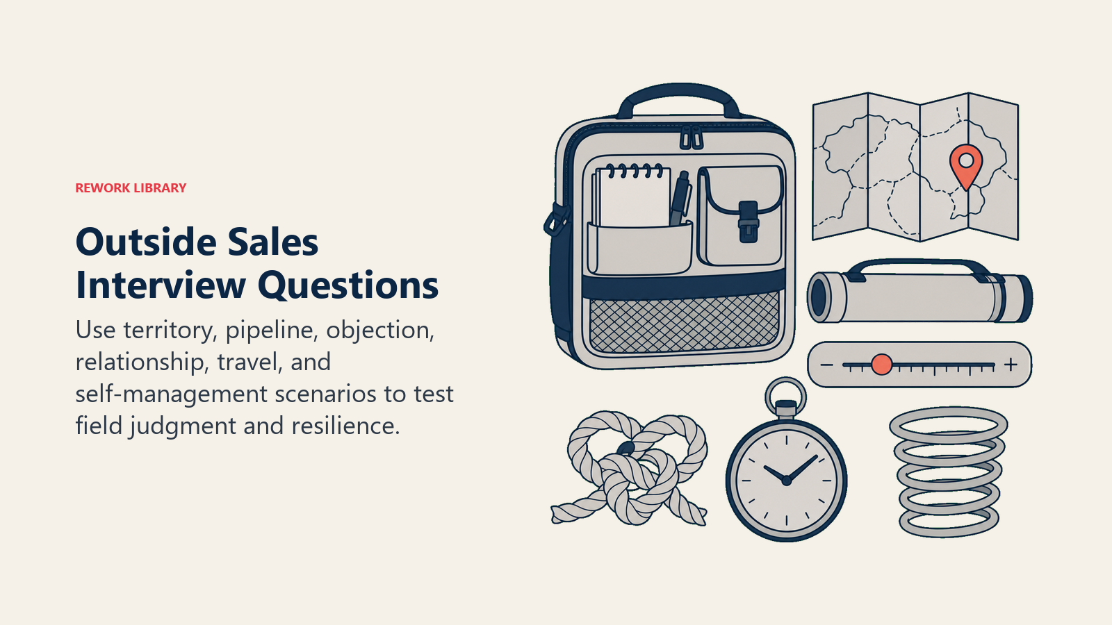 Outside Sales Interview Questions illustrated with a Rework editorial outside sales representative interview visual.
