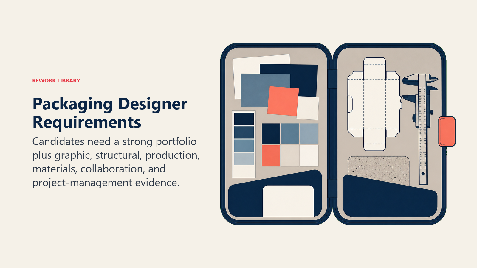 Packaging designer requirements illustrated by a portfolio case combining creative swatches and structural production tools