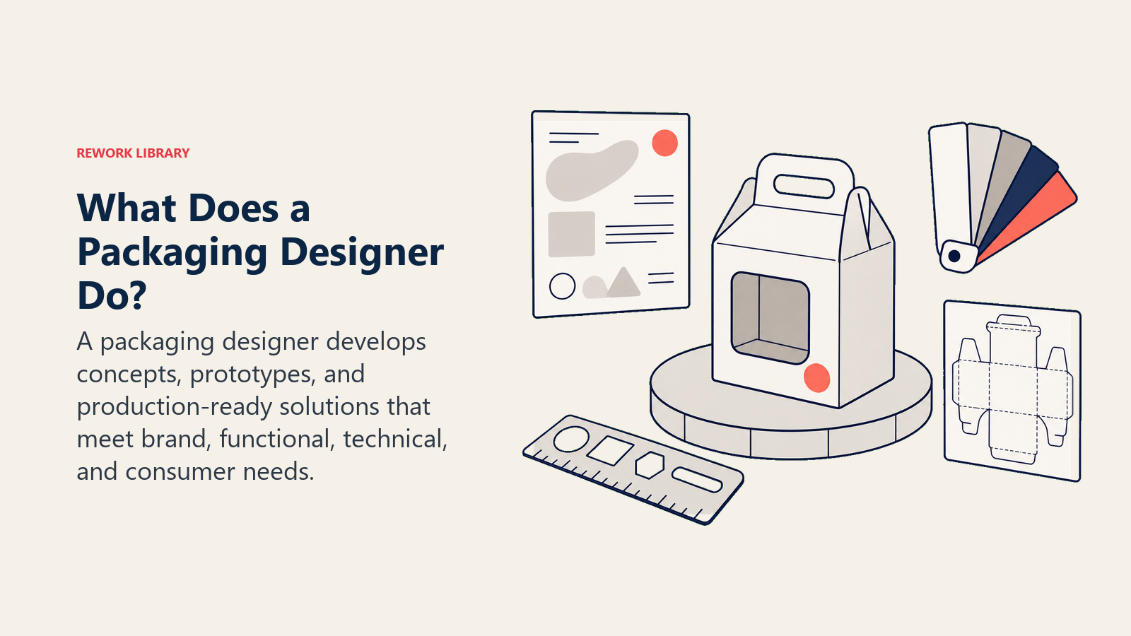 What a packaging designer does shown by a prototype turntable connecting brief, material sample, and production plan
