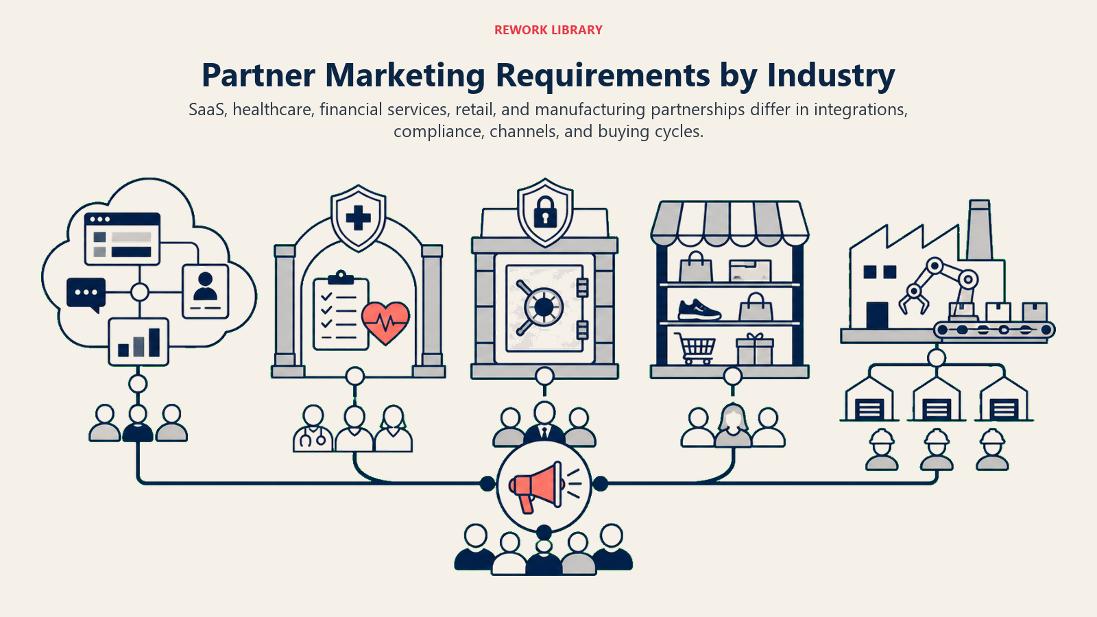 Partner Marketing Requirements by Industry illustrated with five partner ecosystems