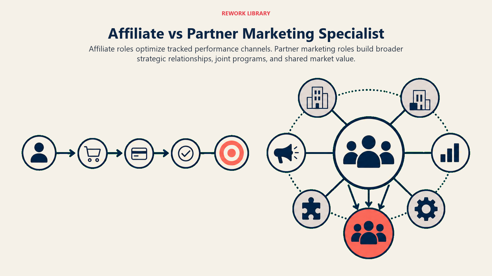 Affiliate vs Partner Marketing Specialist illustrated with performance channel versus alliance ecosystem