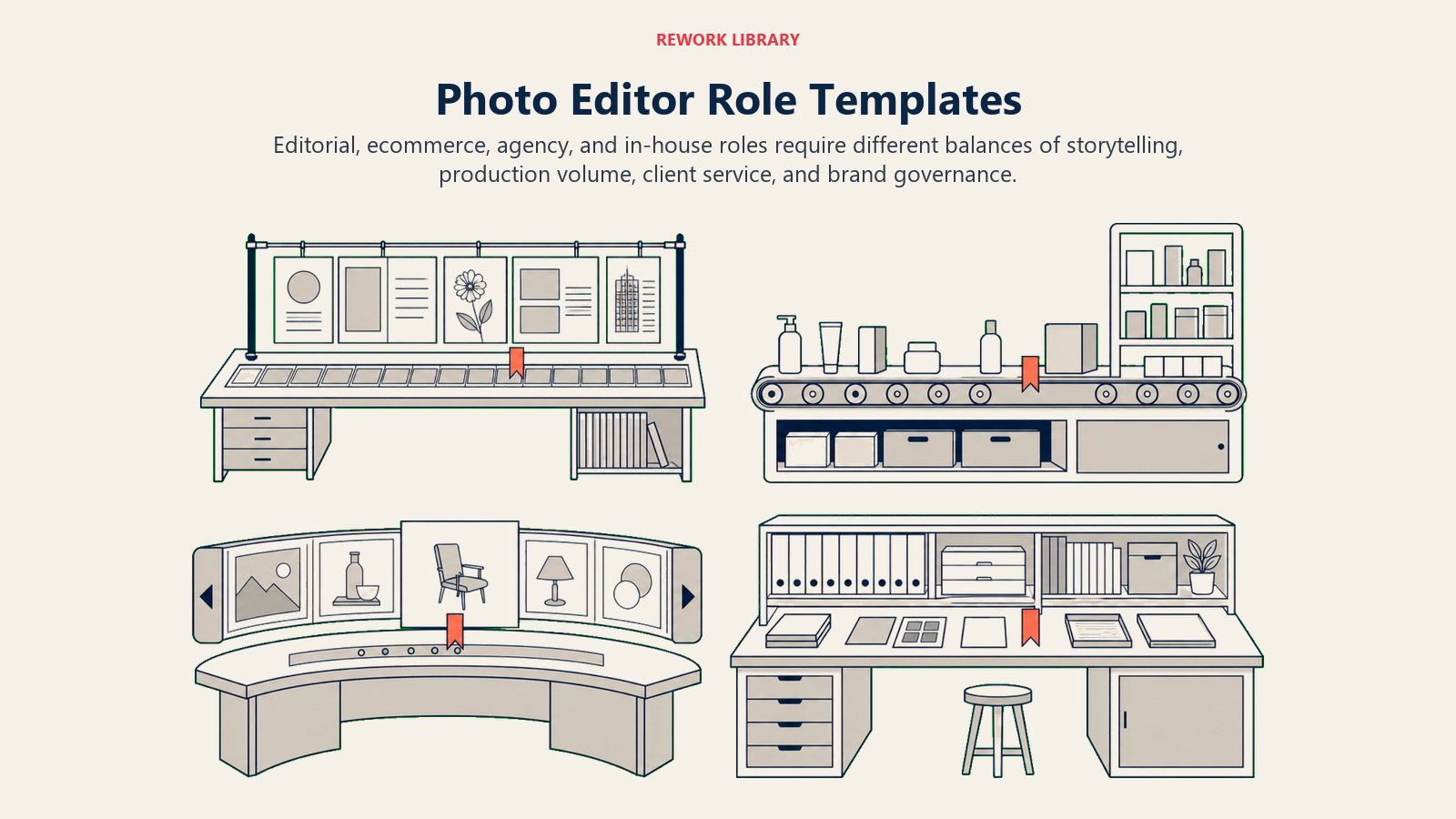 Four photo editor role templates comparing editorial, ecommerce, agency, and in-house work