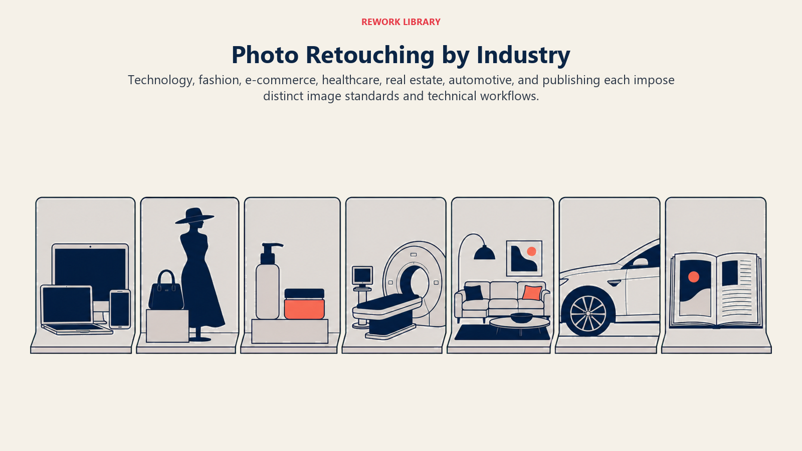 Photo Retouching by Industry: A wide curated gallery with seven open bays containing distinctive image artifacts: device composite, fashion portrait silhouette, product packshot, clinical image, property interior, vehicle surface, and editorial spread