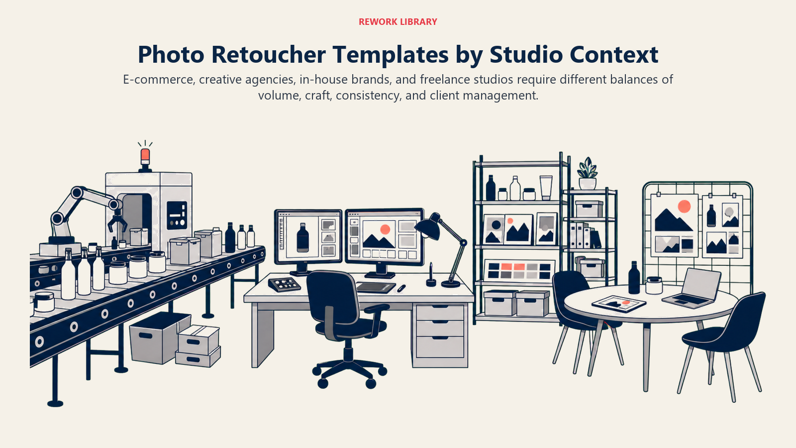 Photo Retoucher Templates by Studio Context: A wide continuous studio panorama with four sets: high-volume product conveyor, campaign compositing desk, brand asset library, and freelance client review table, each visually distinct but connected