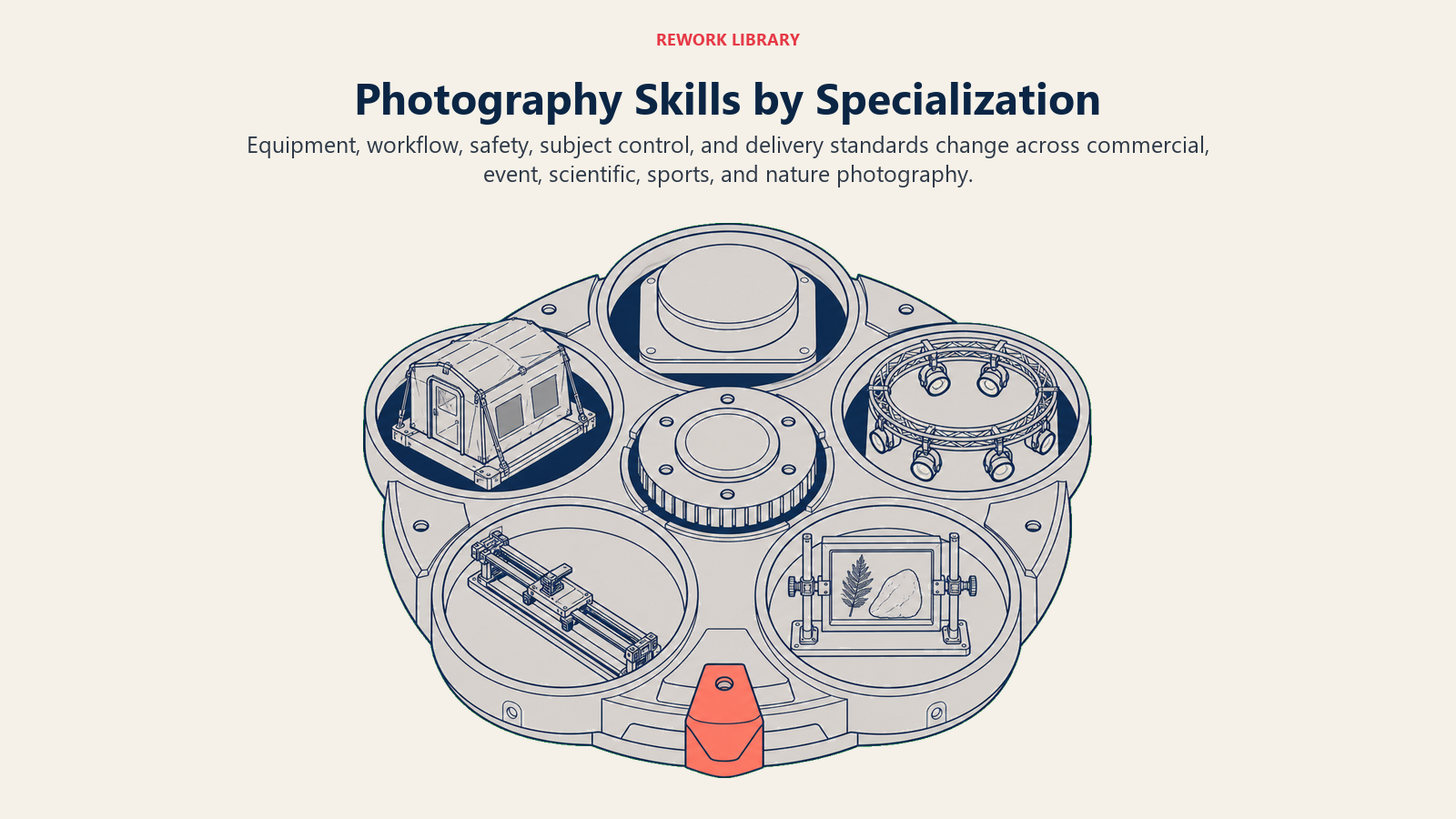 Photography skills by specialization shown as interchangeable modules for commercial, event, scientific, sports, and nature work