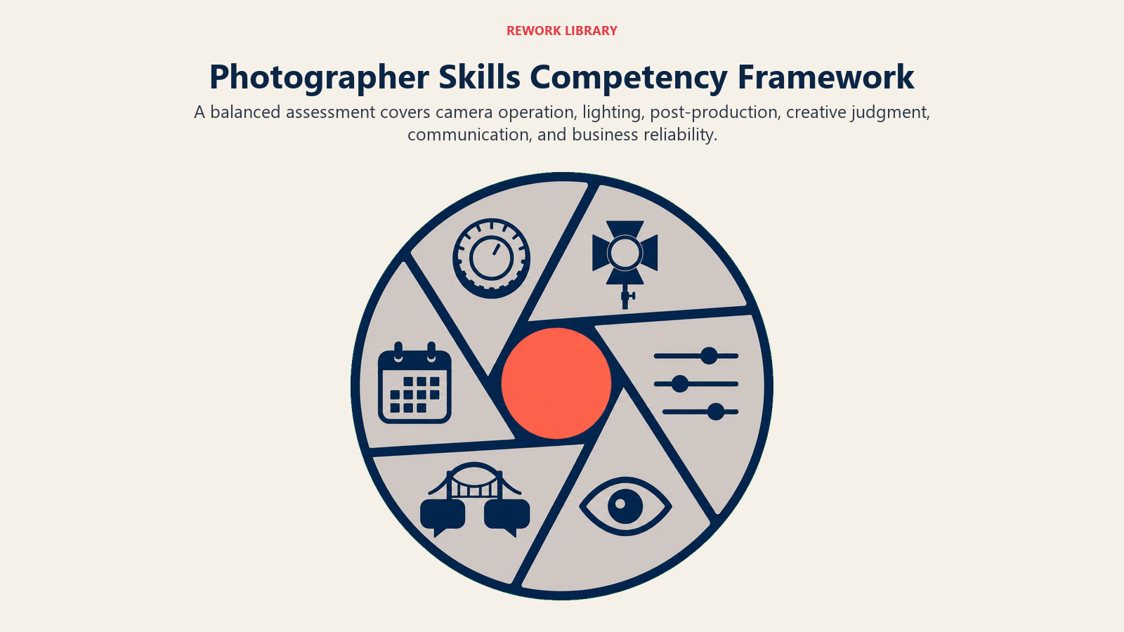 Photographer skills competency framework shown as six aperture blades for camera, lighting, editing, creativity, communication, and business reliability