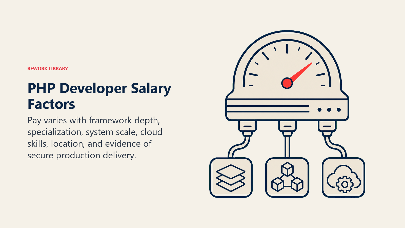 PHP developer salary factors illustrated by a server value gauge for skill depth and system scale