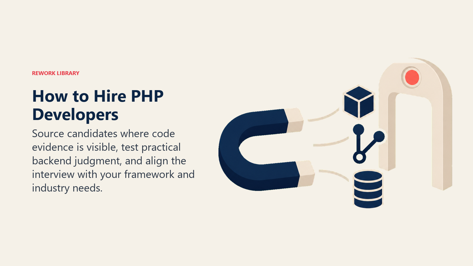 How to hire PHP developers illustrated by a magnet drawing verified backend work through a screening gate