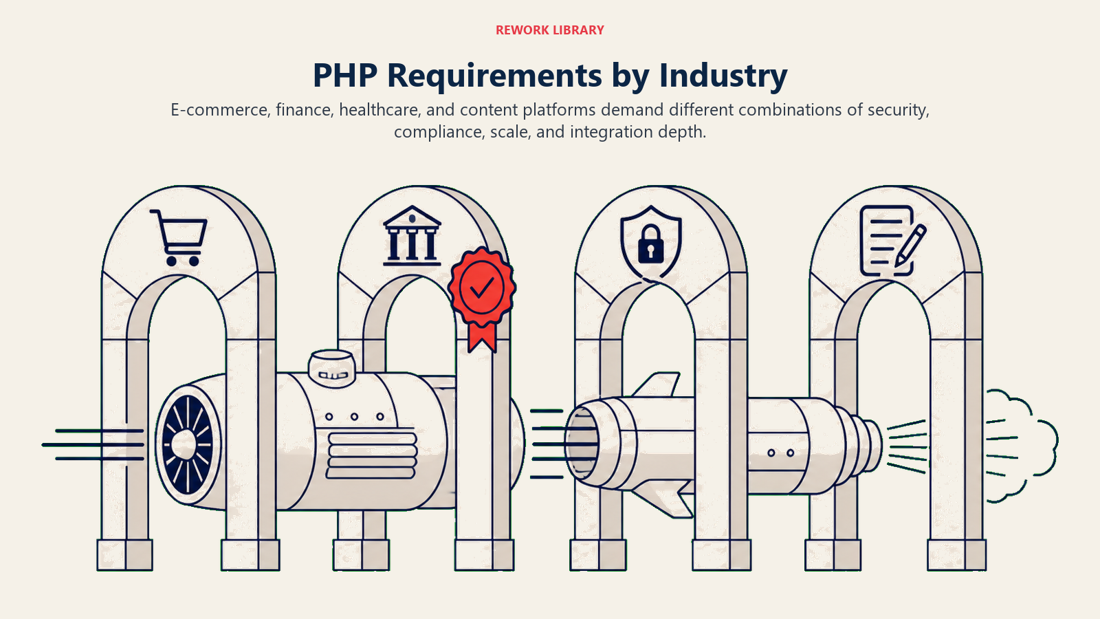PHP requirements by industry shown as a backend engine navigating commerce, finance, healthcare, and content gates