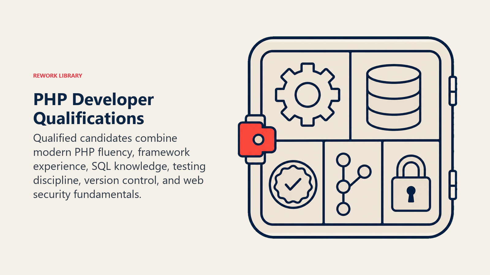 PHP developer qualifications represented by a capability cabinet for frameworks, SQL, testing, Git, and security