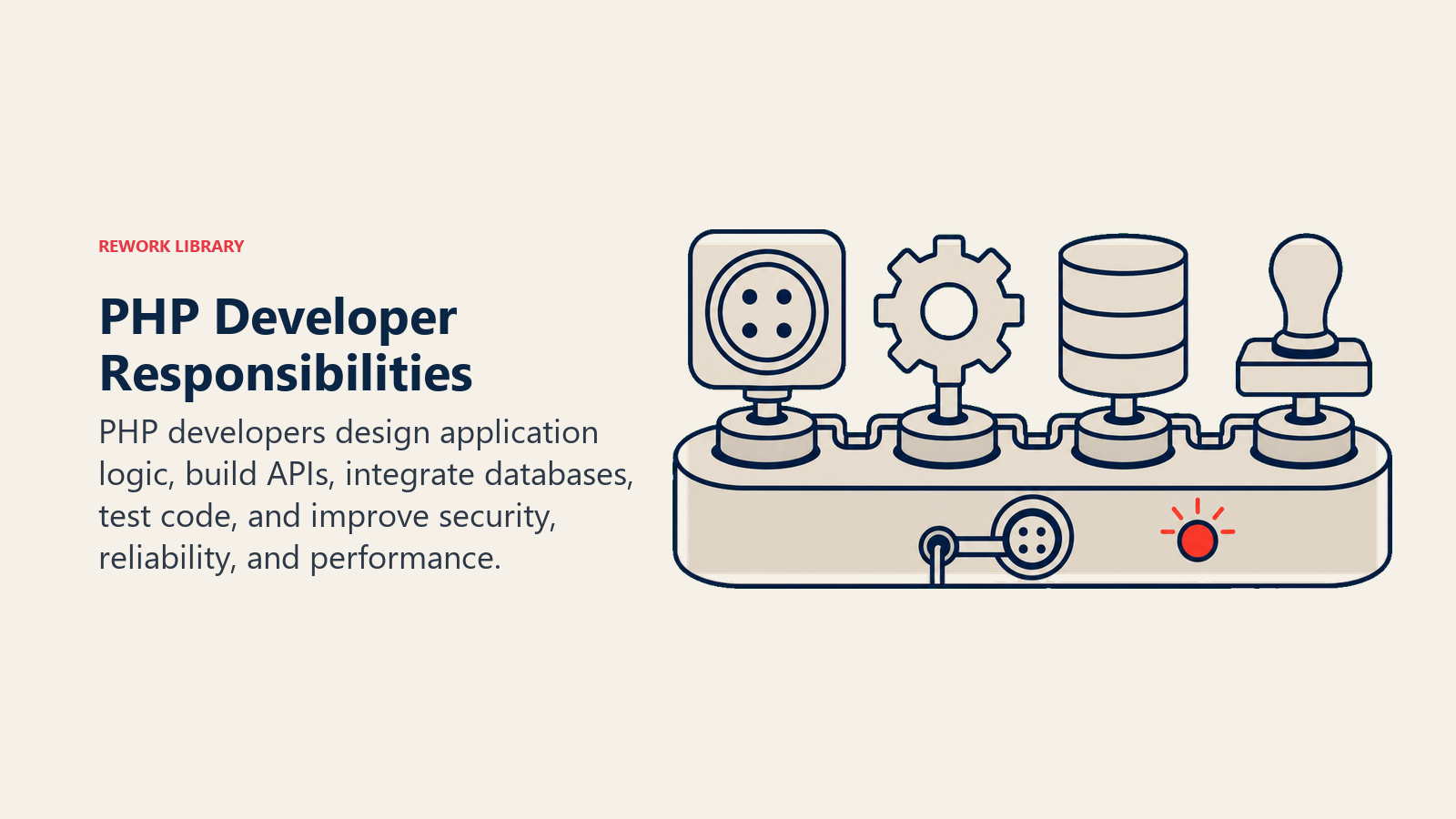 PHP developer responsibilities shown as a backend workbench for logic, databases, testing, and release