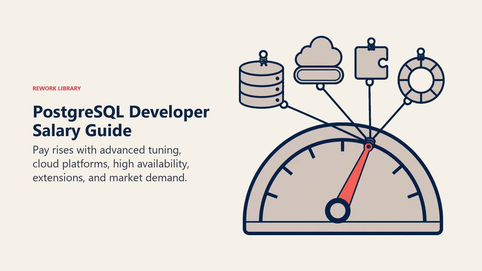 PostgreSQL developer salary guide illustrated by a compensation gauge lifted by advanced database skills