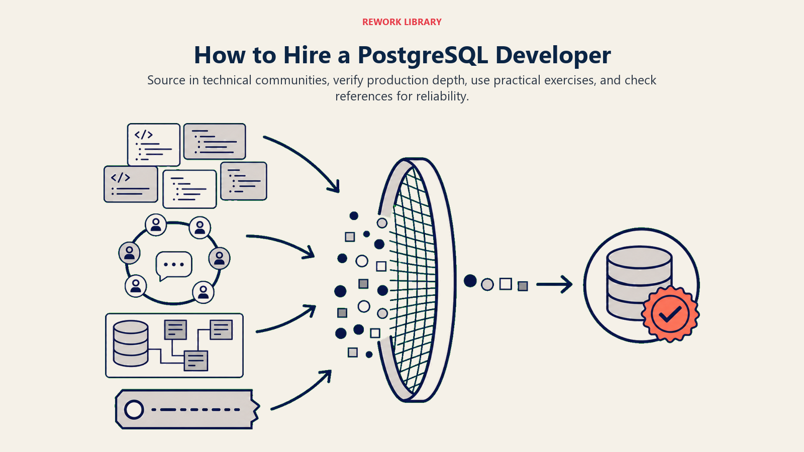 How to hire a PostgreSQL developer shown as a filter for community signals, practical database work, and verified production experience