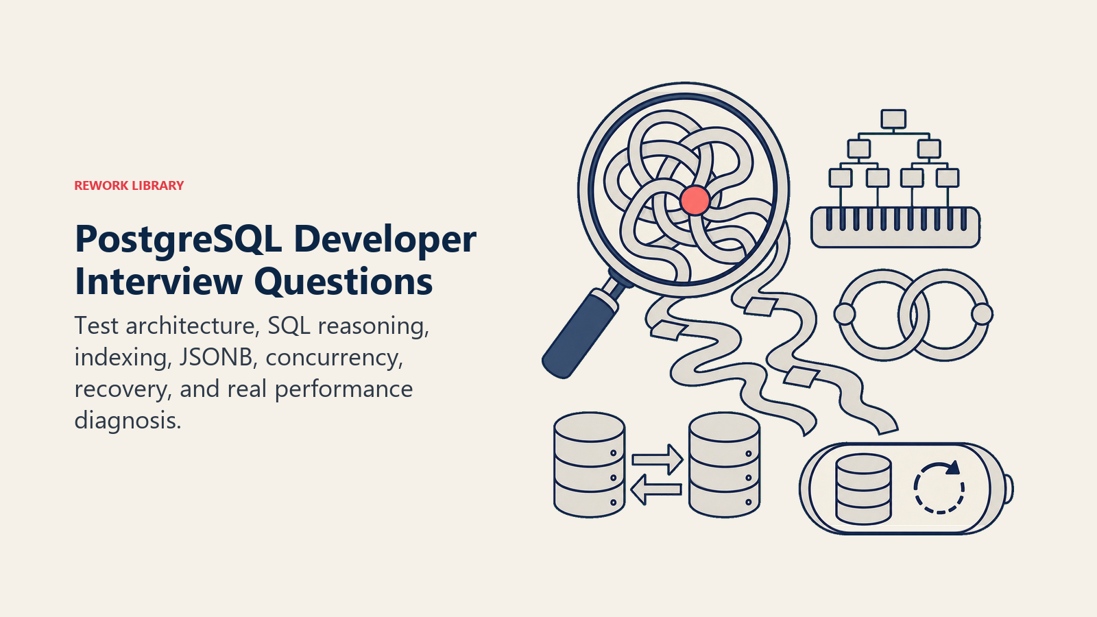 PostgreSQL developer interview questions represented by a database diagnostic bench for queries, indexing, concurrency, replication, and recovery