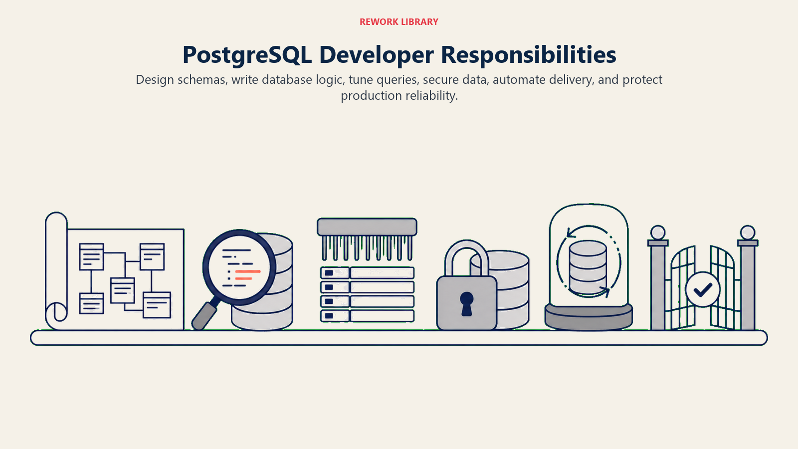 PostgreSQL developer responsibilities shown as a lifecycle from schema design through tuning, security, backup, and release