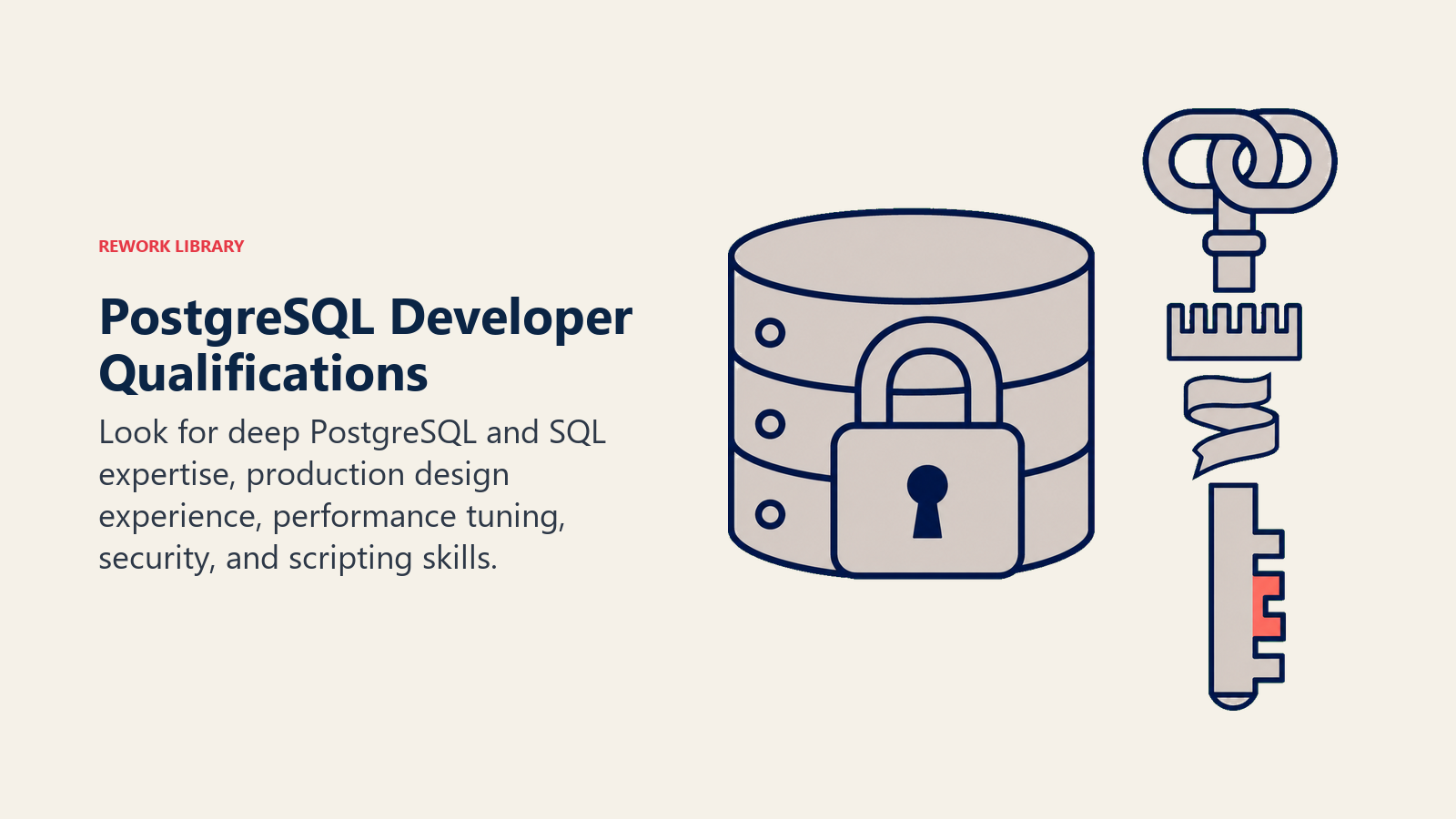 PostgreSQL developer qualifications represented by a precision database key combining SQL, indexing, scripting, and security