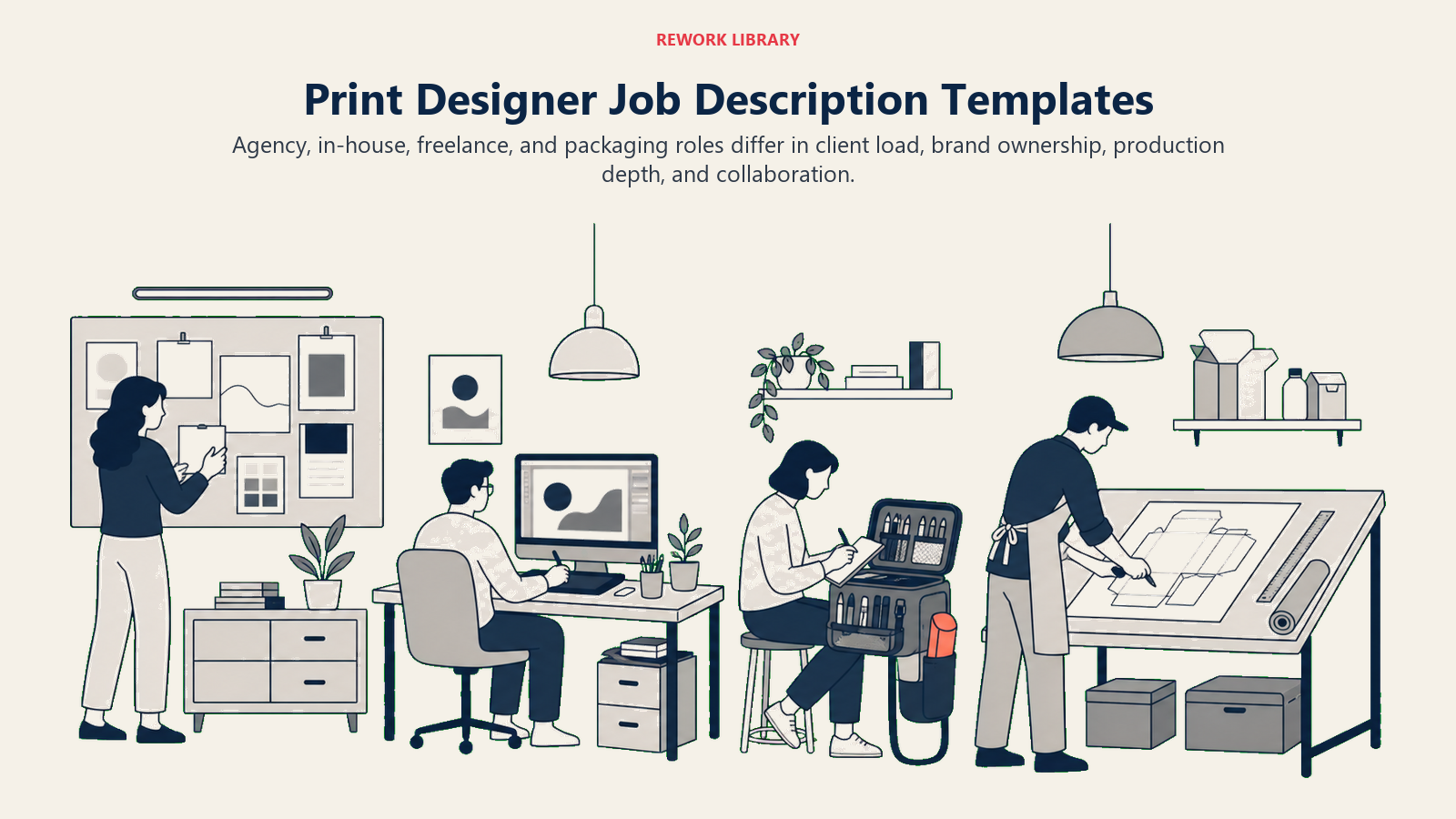 Print Designer Job Description Templates illustrated with a Rework editorial print designer templates visual.