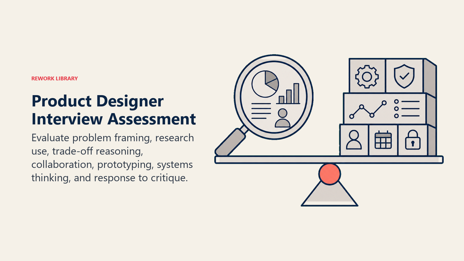 Product Designer Interview Assessment illustrated as prototype balanced between evidence and constraints