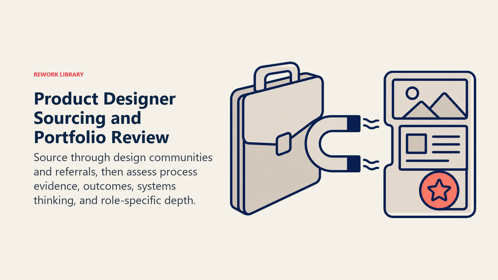 Product Designer Sourcing and Portfolio Review illustrated as portfolio magnet and evidence tray