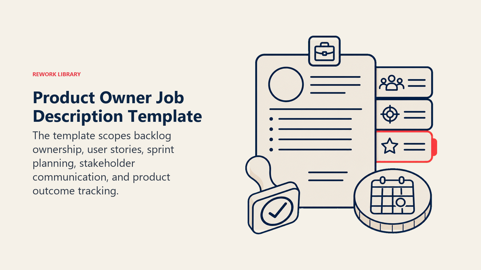 Product Owner job description template represented by a backlog brief and acceptance-criteria stamp