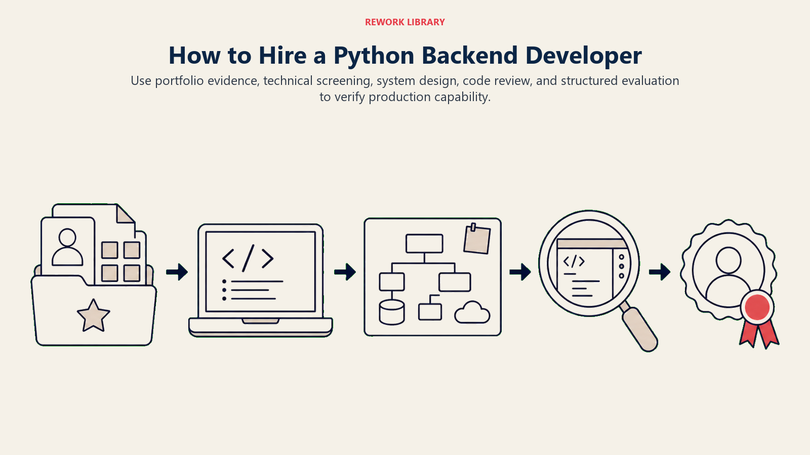 How to Hire a Python Backend Developer illustration showing GitHub evidence, coding exercise, architecture discussion, code review, references.