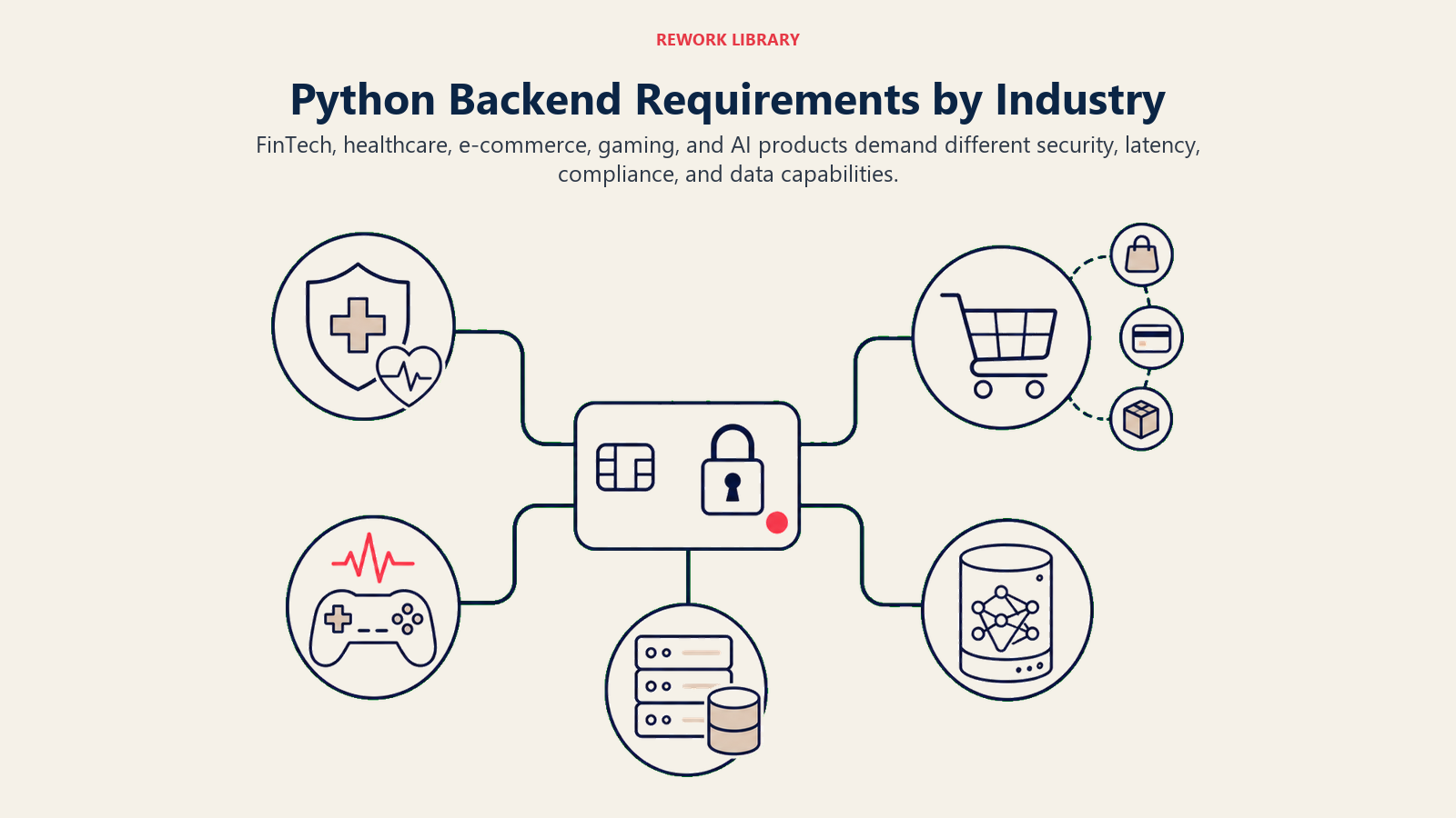 Python Backend Requirements by Industry illustration showing PCI finance, HIPAA health, commerce scale, real-time games, ML pipelines.
