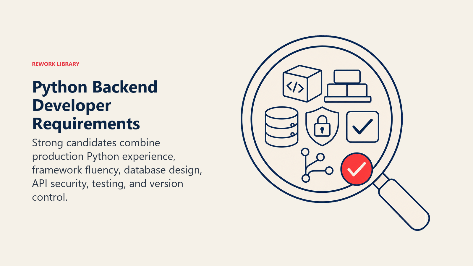 Python Backend Developer Requirements illustration showing production Python, Django or FastAPI, SQL, security, testing, Git.