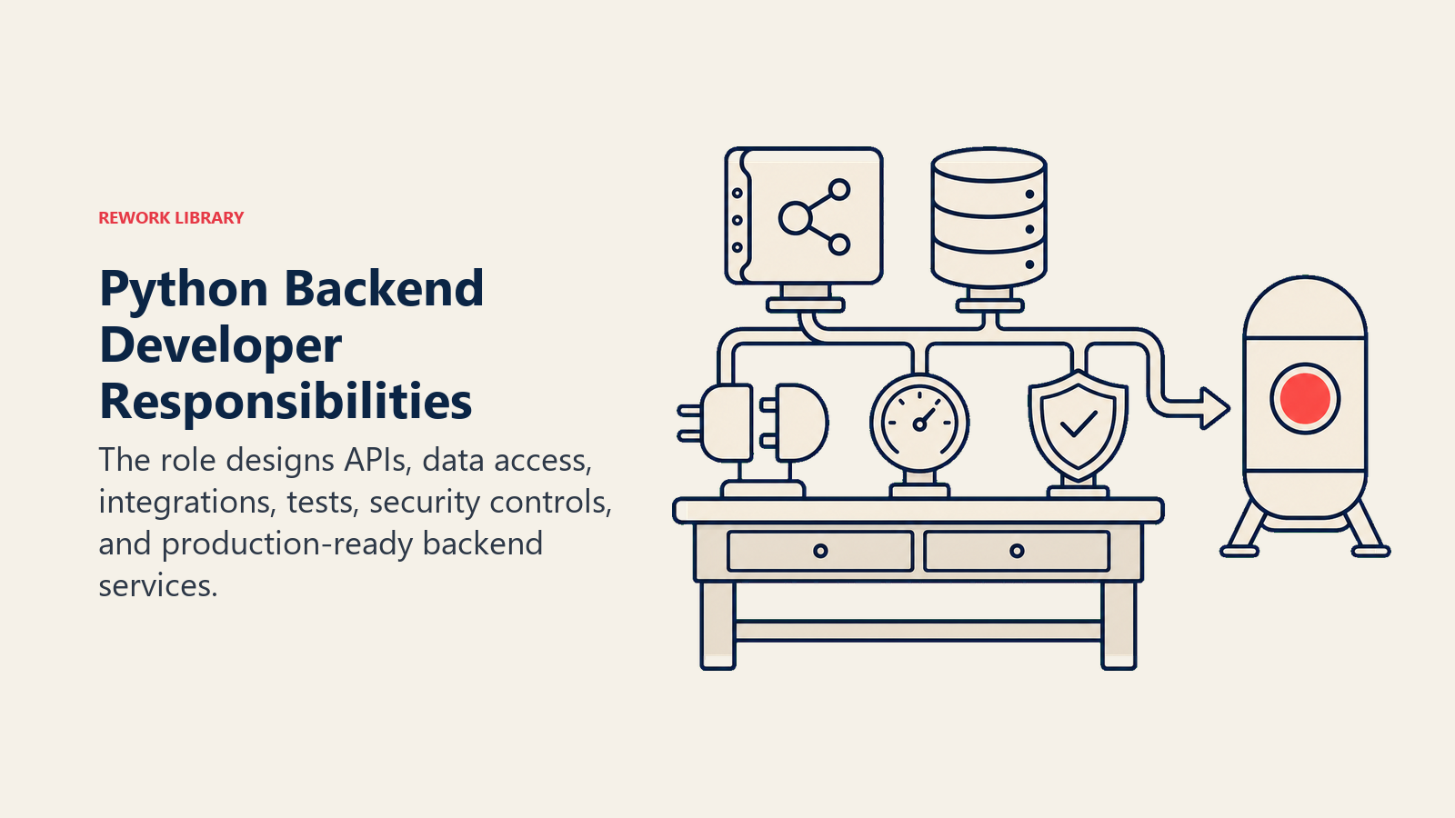 Python Backend Developer Responsibilities illustration showing APIs, databases, integrations, testing, security, deployment.