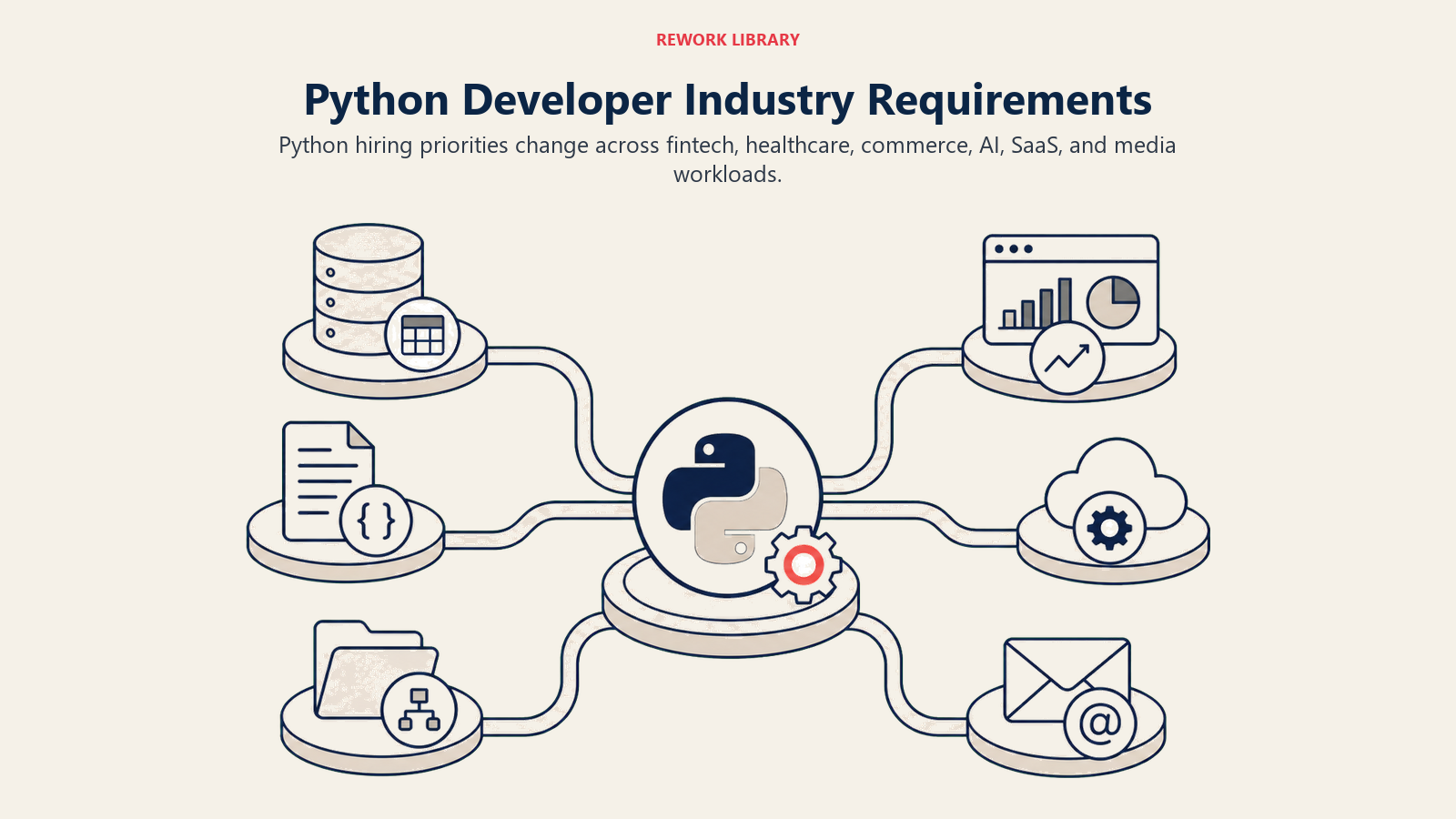 Python Developer Industry Requirements shown as wide branching landscape with six clearly distinct workload objects connected to one adaptable Python engine core