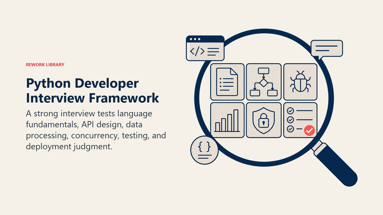 Python Developer Interview Framework shown as code review magnifier inspecting six neatly separated technical evidence tiles with one coral pass marker