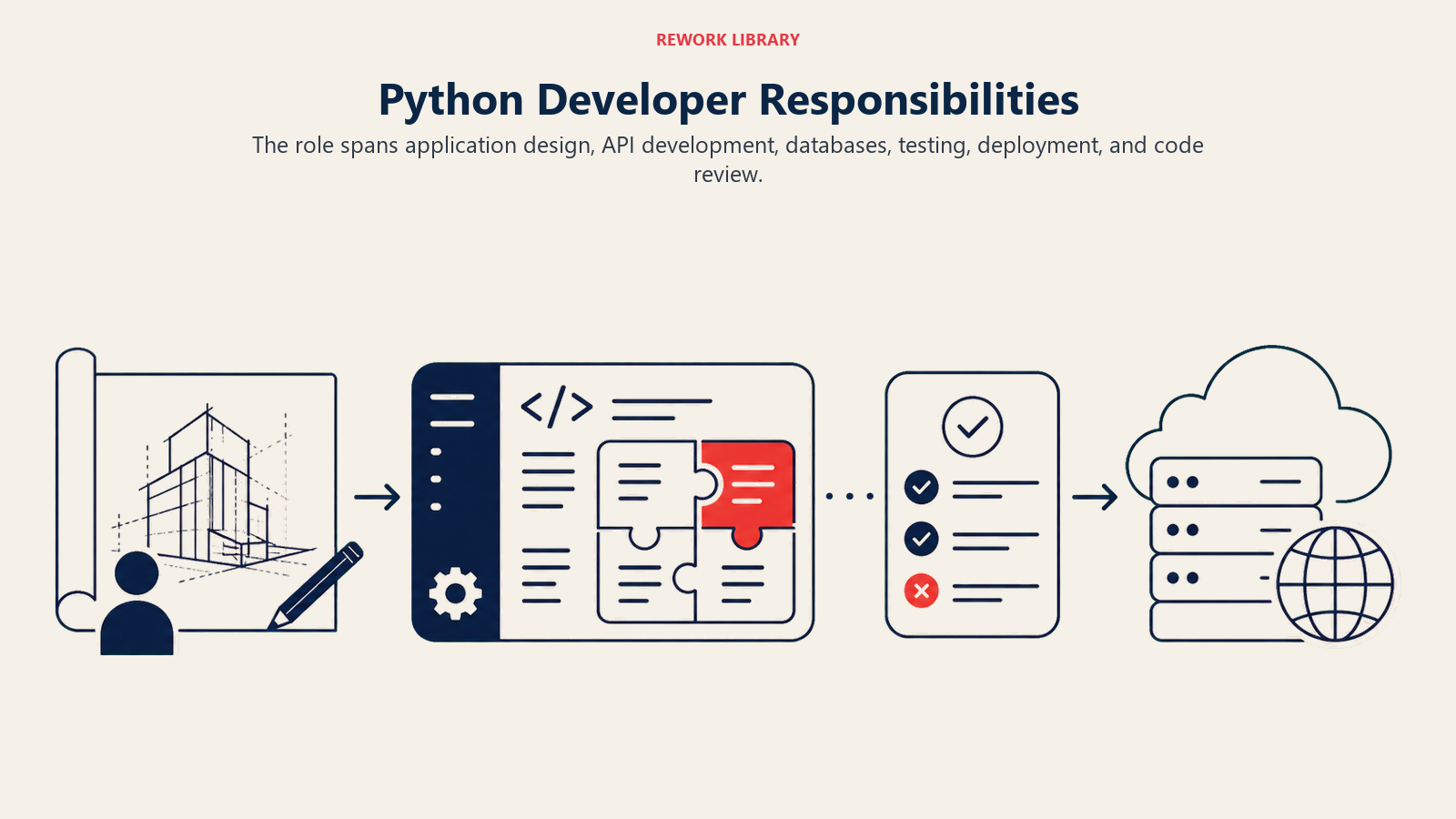 Python Developer Responsibilities shown as wide development lifecycle flowing from architecture sketch through API module and test checkpoint to deployed service