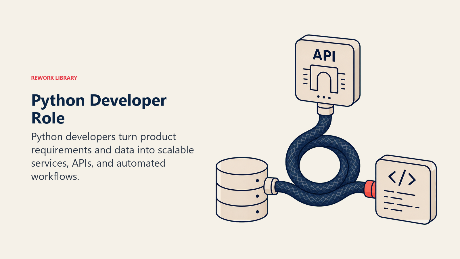 Python Developer Role shown as coiled navy python-like cable linking an API gateway, data cylinder, and clean code module with one coral connector