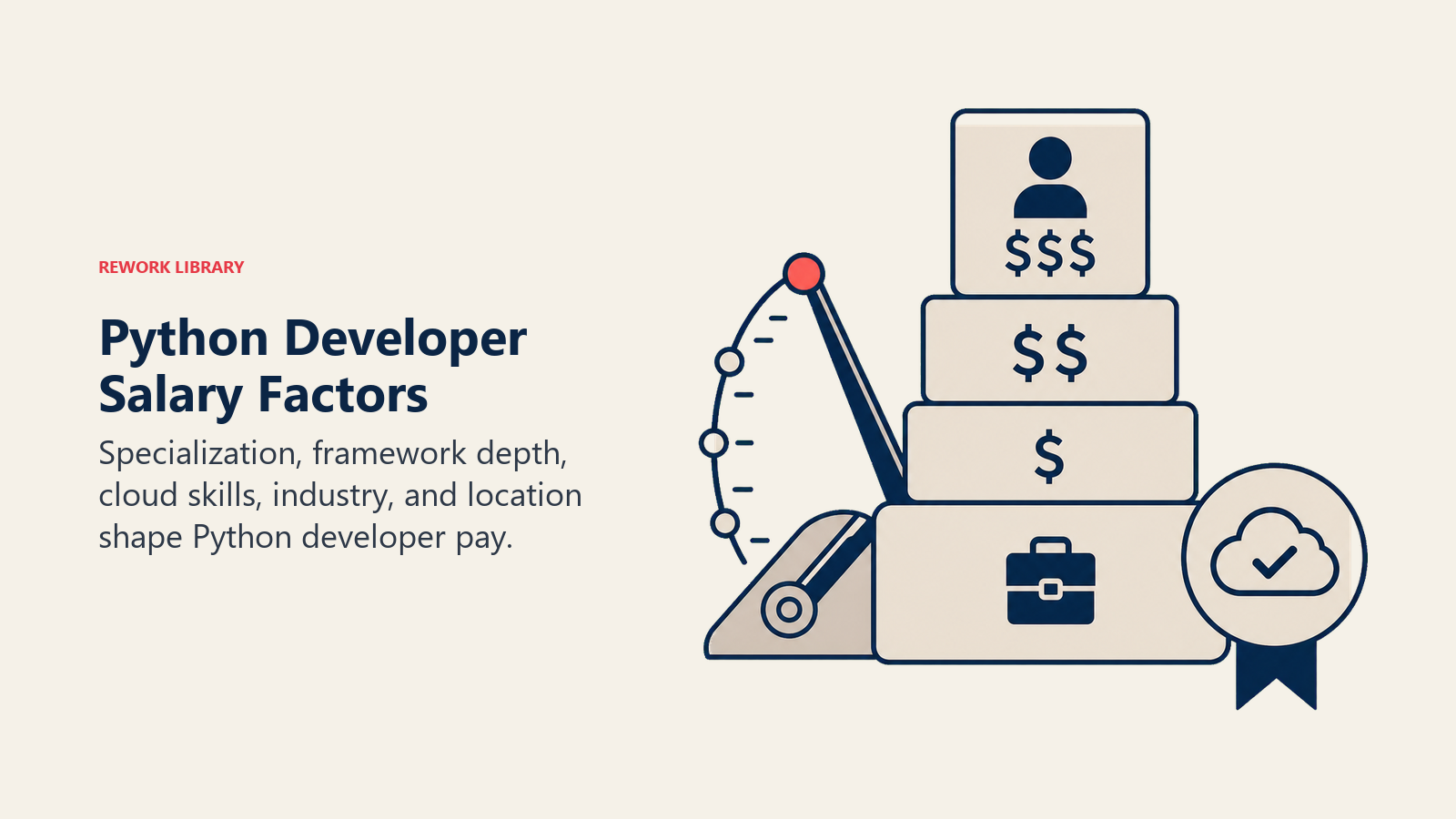 Python Developer Salary Factors shown as stacked compensation blocks adjusted by a specialization lever and cloud certification token