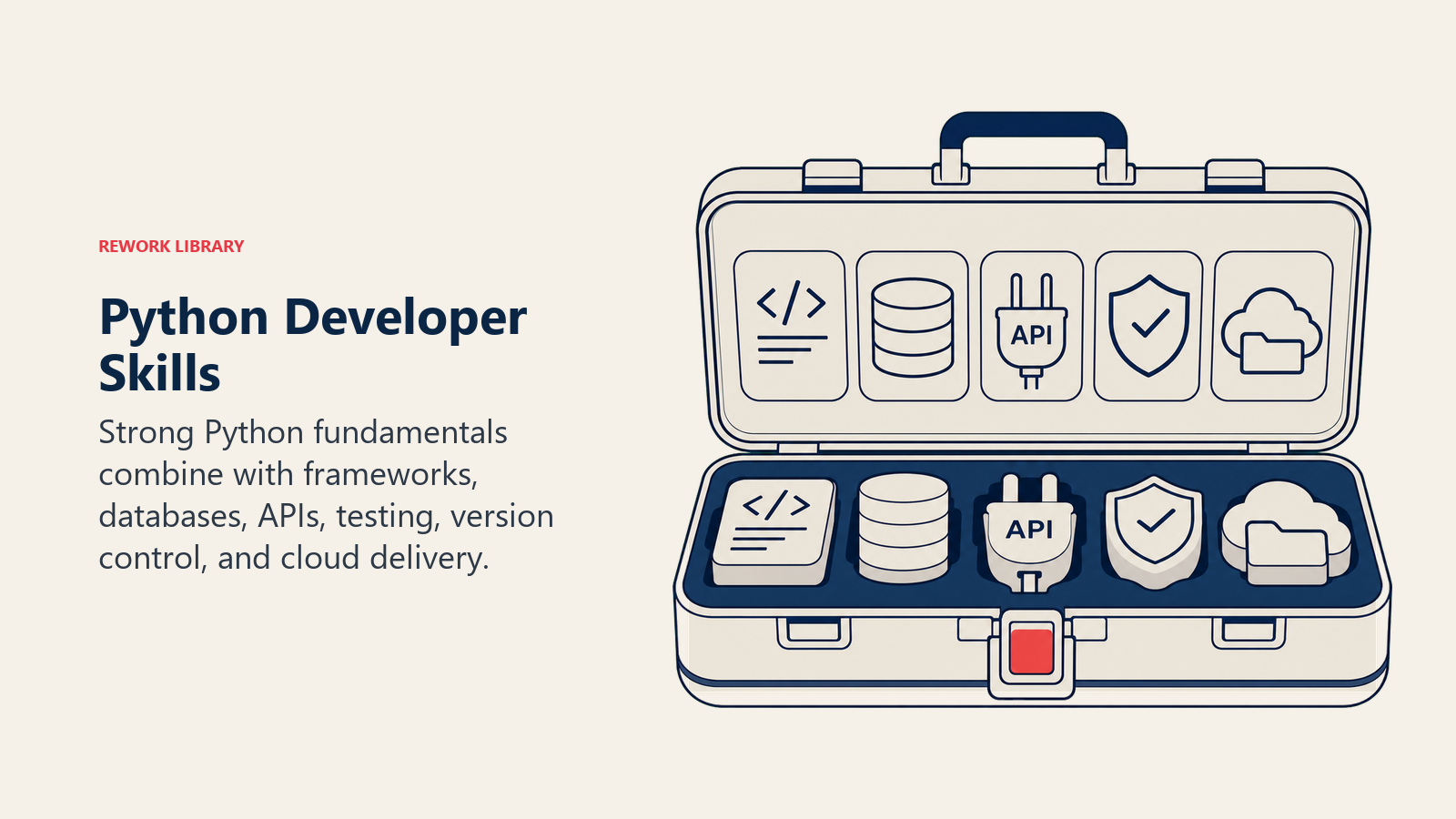 Python Developer Skills shown as modular toolkit case holding a code block, database cylinder, API plug, test shield, and cloud tab