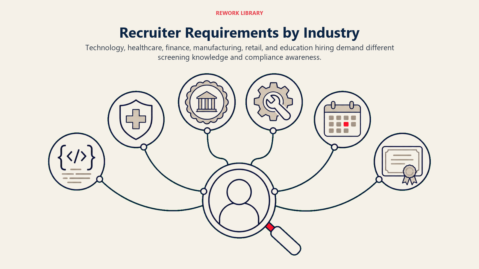 Recruiter Requirements by Industry illustration showing technical screens, clinical credentials, finance licensing, skilled trades, seasonal volume, education checks.
