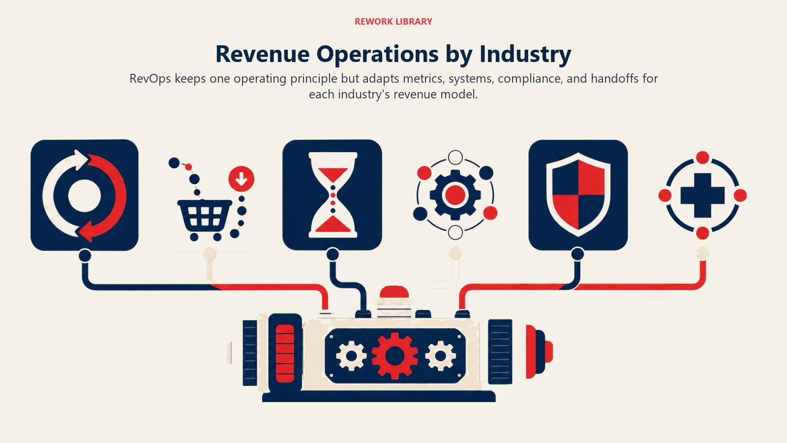 Revenue Operations by industry shown as one control core adapting to SaaS, e-commerce, services, manufacturing, finance, and healthcare