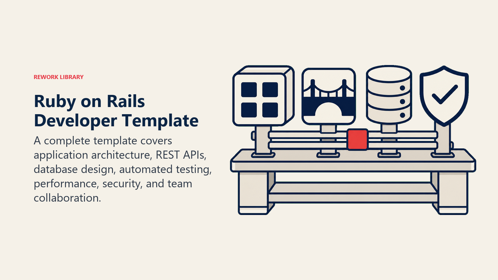 Ruby on Rails Developer template shown as a backend workbench for APIs, databases, testing, and performance
