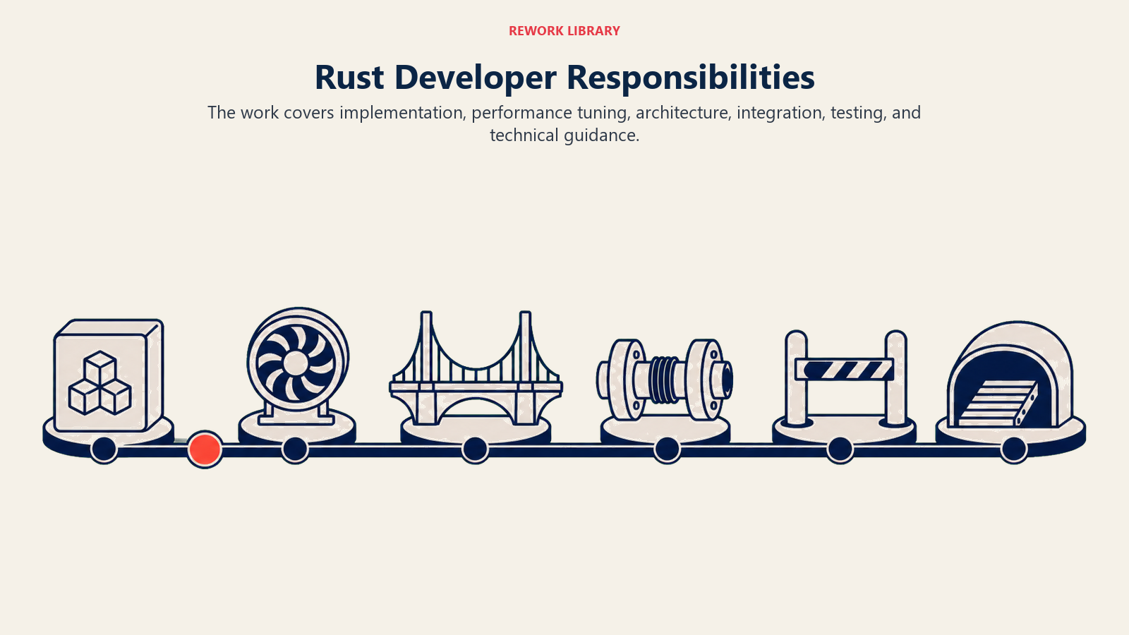 Rust Developer responsibilities flow from implementation and performance tuning through testing and deployment