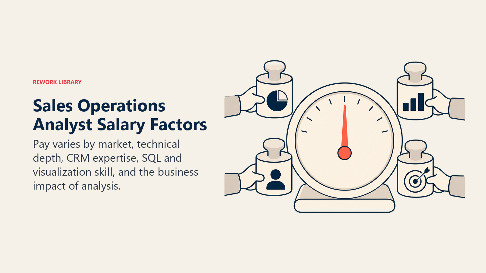 Sales Operations Analyst Salary Factors illustrated with compensation gauge calibrated by skill tokens