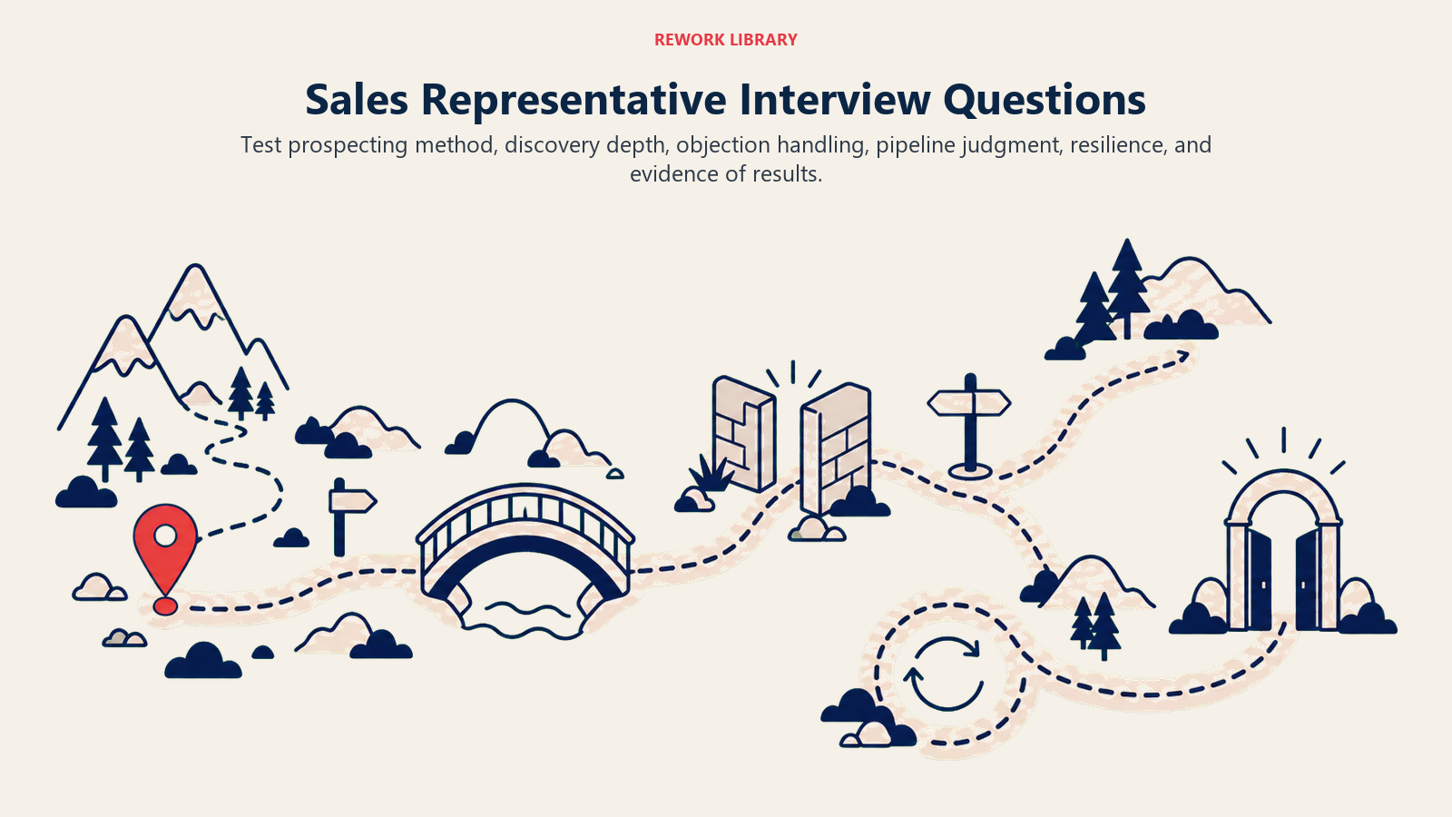 Sales Representative interview questions visual testing prospecting, discovery, objections, pipeline judgment, resilience, and results