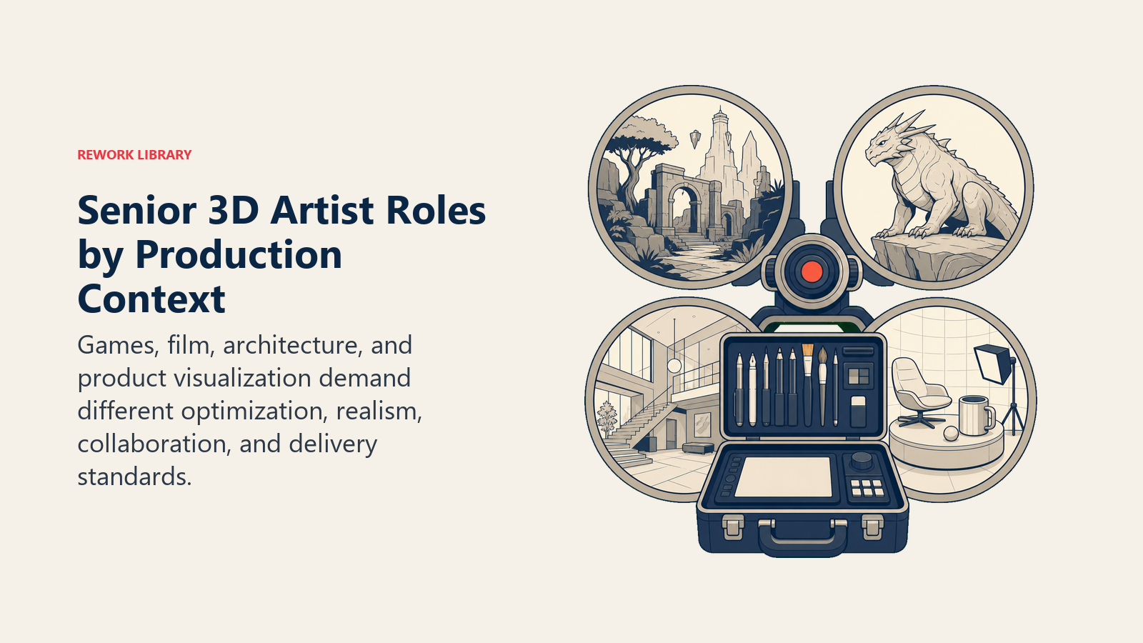 Senior 3D Artist Roles by Production Context shown as a four-window production lens showing game environment, film creature, architectural space, and product visualization around one senior artist toolkit.