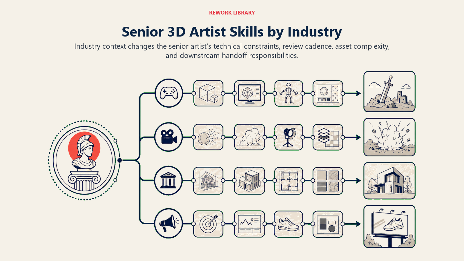 Senior 3D Artist Skills by Industry shown as a wide branching production map from one senior art hub into game, VFX, architecture, and advertising pipelines, each ending in a distinct delivery artifact.