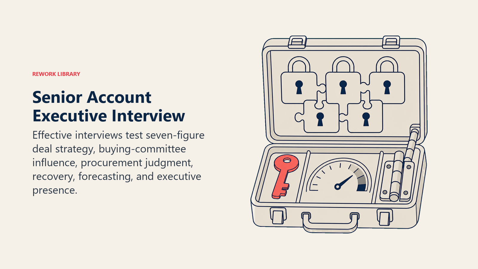 Senior Account Executive Interview illustrated with a complex deal case with stakeholder locks, procurement key, forecast dial, and recovery hinge