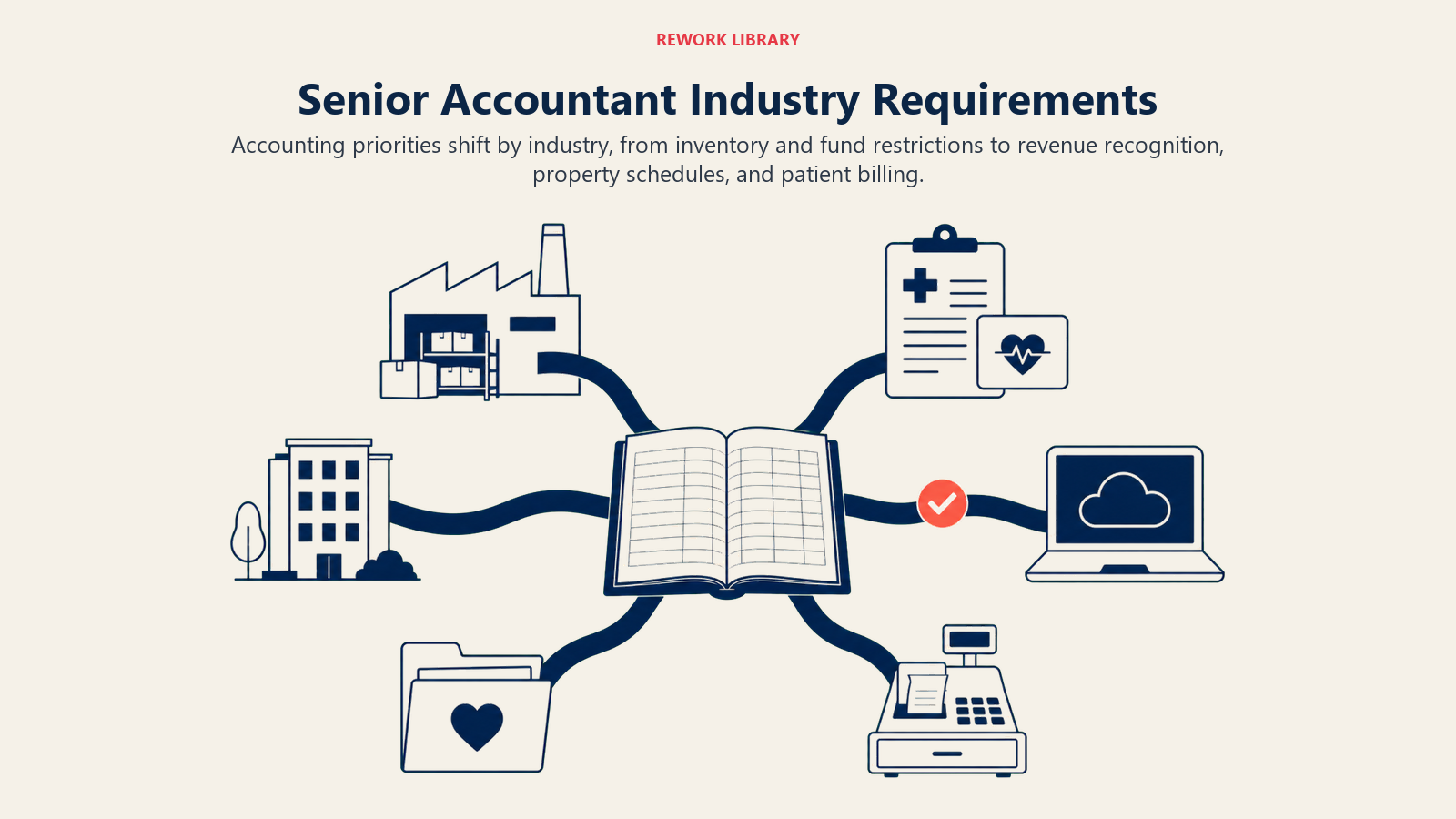 Senior accountant industry requirements branching from one ledger to six sector-specific accounting priorities